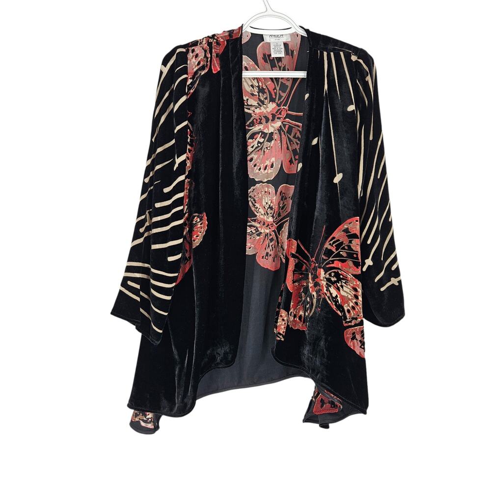 Anes A Cardigan Black Red Burnout Velvet Butterfly Art to wear Lagenlook Size S
